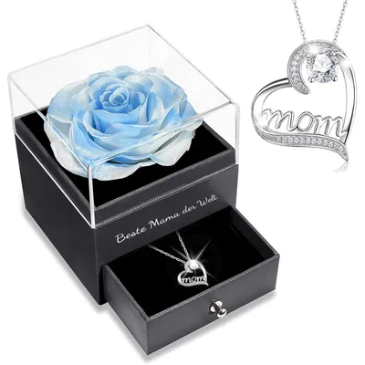 Productafbeelding van Eeuwige roos met ketting met hartje, gemaakt van 925 sterling zilver, cadeau voor moeder, wit en blauw