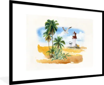 Produktbild von MuchoWow® MuchoWow® Gerahmtes Poster Leuchtturm - Palme - Strand 90x60 cm - Poster mit zchwarzem Bilderrahmen - Wanddekoration - Fotos