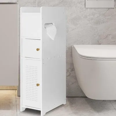 Immagine prodotto di Mobile da bagno bianco compatto con portarotolo e spazio aggiuntivo per riporre oggetti