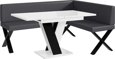 Produktbild von MEBLINI Eckbank für Esszimmer mit ausziehbarem Tisch - Küchenbank - Essecke - Sitzecke Küche - ERIC - X-Beine 128x168x87cm Rechts - Grau Kunstleder/M Weiß-Schwarz Hochgl.