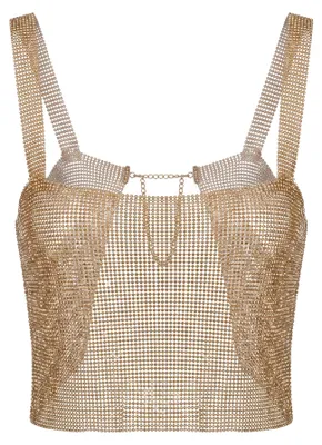 Produktbild von Damen Top XS gold mit Spitze, Strassverzierungen und schimmerndem Muster