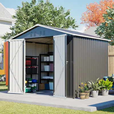 Productafbeelding van Metalen tuinhuis 240 × 192,3 × 191 cm, tuinhuisje met schuifdeur, 4 ventilatieopeningen, afsluitbaar, stalen schuur met schuin dak, grijs