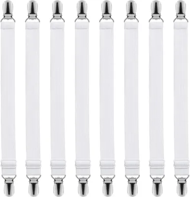 Produktbild von 8 Stück Betttuchspanner Verstellbar Bügelbrettbezug Spanner für Bettlaken Weiß Bettlakenspanner mit Metallclips Lakenspanner Matratze Bügelbrett Sofa Bügeltischspanner (MEHRWEG)