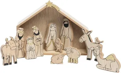 Produktbild von 13-tlg. Set Weihnachtskrippe aus Holz mit Figuren -  25 x 19 x 6 cm (L/B/T) Tischkrippe Holzkrippe mit Krippenfiguren Krippe Weihnachten