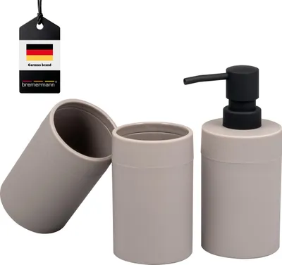 Immagine prodotto di Set di accessori da bagno SAVONA 3 pezzi di bremermann con superficie soft-touch, 1 dispenser per sapone, 2 bicchieri, plastica color tortora