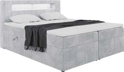 Produktbild von MEBLINI Boxspringbett mit Bettkasten - Bett mit LED Kopfteil - Gepolstert Doppelbett mit Matratze und Topper - Polsterbett mit Stauraum - Stauraumbett - ASPIN - 180x200 - H3/Hellgrau Samt