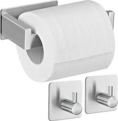 Obrázok produktu pre Aikzik držiak na toaletný papier bez vŕtania, samolepiaci držiak na toaletný papier RVS držiak na toaletný papier s 2 háčikmi na uteráky do kuchyne a kúpeľne, strieborný
