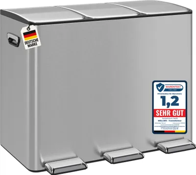 Produktbild von WELLGRO Treteimer 3x15L Silber – Edelstahl mit Softclose & Pedal