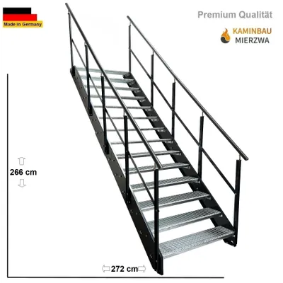 A metal staircase with handrails, shown in a studio setting with dimension labels.