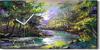 Produktbild von Leinwand Uhr Küche Wohnzimmer Bild Geräuschlos 60x30 Ölgemälde Wald Fluss Bäume - weiße Hände
