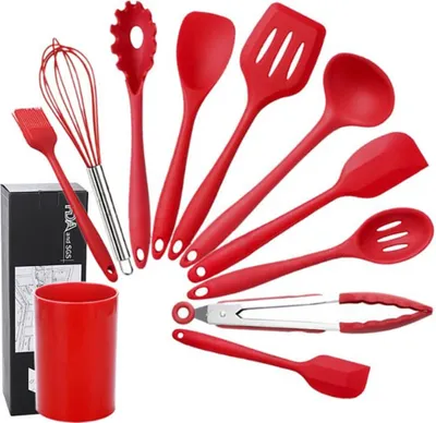 Image de Set d'ustensiles de cuisine en silicone, 10 pièces Set d'ustensiles de cuisine antiadhésifs Poêle Cuisine Set d'ustensiles de cuisine en silicone avec seau de stockage (rouge)