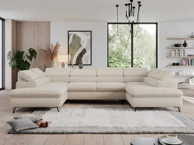 Produktbild von Ecksofa mit Bettkasten, U-form Bettsofa mit Schlaffunktion, verstellbare Kopfstützen - PEDRO U - Boucle - Beige