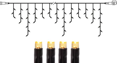 A diagram of icicle lights and a close-up of four LED bulbs.