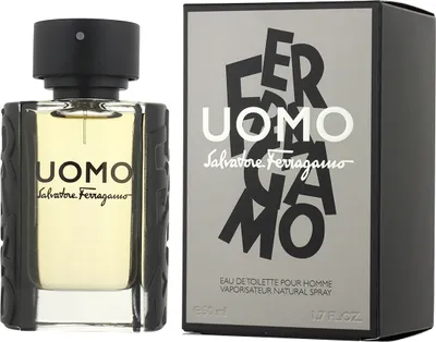 A bottle of Salvatore Ferragamo Uomo Eau de Toilette and its packaging are displayed side-by-side against a white background.