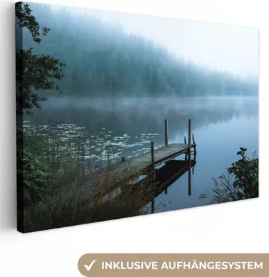 Produktbild von OneMillionCanvasses® - Leinwandbilder - 140x90 cm, Natur - See - Wald - Nebel, Wandbilder Kunstdruck Wanddekoration - Foto auf Leinwand - Gemälde auf Holzrahmen