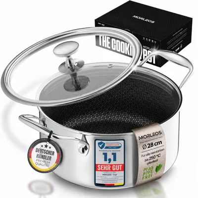 Produktbild von MORLEOS Schmortopf kratzfeste Antihaft-Waben-Keramikbeschichtung - 6,5 Liter, Ø 28×12 cm, 2,7 kg - modernen flachen Glasdeckel energiesparender 5-Schicht-Kochtopf - induktionsgeeignet