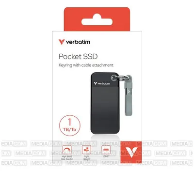 Obrázek produktu pro Verbatim Pocket SSD, 1 TB, USB typu C, 3.2 Gen 2 (3.1 Gen 2), 1000 MB/s, 10 Gbit/s, Černá, Šedá