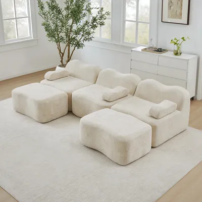 Image de Canapé modulable trois places en forme de U, design ondulé, en velours, avec 2 poufs, 288 x 167 x 70 cm, beige