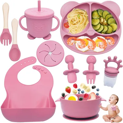 Image de Ensemble de vaisselle pour bébé, 10 pièces, rose, avec ventouses, en silicone, pour bébé