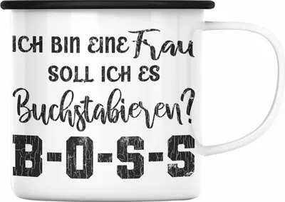 Produktbild von Trendation - Emaille Emaille Tasse mit Spruch Frauen Geschenk Frau Lustige Sprüche Boss Spruch Mama Emaille Tasse (Schwarz)