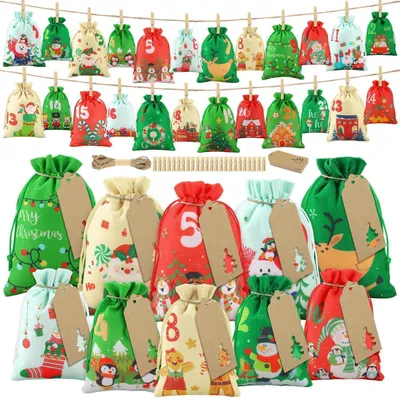 Obrázok produktu pre Vrecúška na darčeky do adventného kalendára, 24 kusov, opakovane použiteľné, látkové, so šnúrkou, 2 veľkosti, vhodné na vlastnoručné vianočné dekorácie