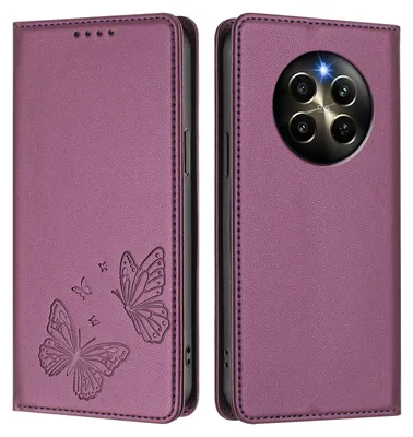 Produktbild von Lederhülle für Realme 12 Pro/Realme 12 Pro+, Schmetterling Prägung Leder Brieftasche Schutzhülle mit Ständer Lila