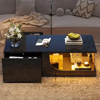 Imagen del producto de Mesa de centro de alto brillo, color blanco, con iluminación LED - 100x50x30 cm - Fabricada en MDF - Mesa auxiliar para sala de estar con cajones