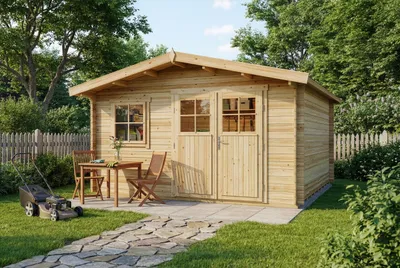 Produktbild von Gartenhaus Valeria-28 mit Fußboden aus Holz, Gerätehaus 438x427, 14,3 m², 28 mm Wandstärke, Holzhaus in Blockbohlen-Bauweise inkl. Fenster und Leimholztür Naturbelassen