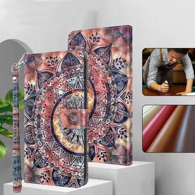 Produktbild von CLM-Tech Hülle kompatibel mit Samsung Galaxy A14 5G - Tasche aus Kunstleder - Klapphülle mit Ständer und Kartenfächern, Malerei Kreisel Blume bunt