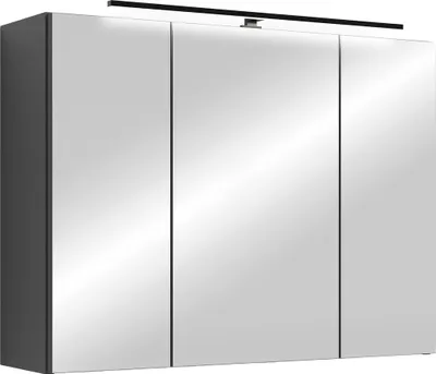 A three-door mirrored cabinet with a light fixture above it, set against a white background.