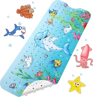 Produktbild von Kinder Cartoon Badmatte 100x40 cm, Rutschfeste Badmatte mit Saugnäpfen, Sicher für Kinder, Delfin