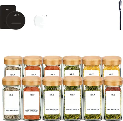 Image de Bocal à épices, verre borosilicaté, couvercle en bambou écologique, 12 bocaux à épices
