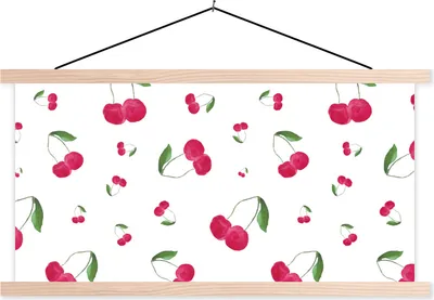 Produktbild von MuchoWow® Textilposter Kirschen - Rote Früchte - Weiß 120x60 cm mit holzfarbenen Rahmen - Klemmleiste
