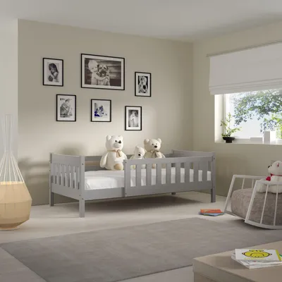 Produktbild von Masseno Kinderbett ELSA 80x190 cm mit Rausfallschutz, Einzelbett für Mädchen und Jungs, Holz, Hellgrau