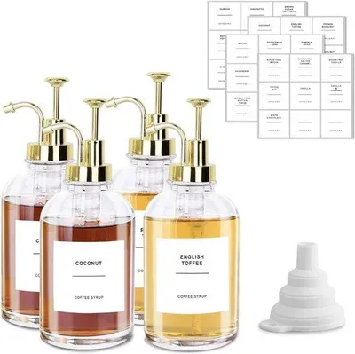 Produktbild von Kaffee-Sirup-Dispensersatz – 4 x 500ml Flaschen mit Pumpe – inklusive Etiketten – für Kaffeebar, Sirup und Küchenorganisation