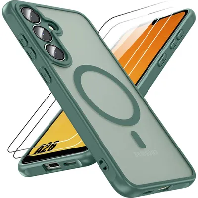 Image de Coque avec Anneau Magnétique pour Samsung Galaxy A26 5G avec 2 Verres Trempés, Protection Silicone et PC Antichoc Vert Nuit