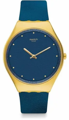 Produktbild von Swatch Klassische Damenuhr 38 mm Quarz Mineralglas Blau Gelb Wasserdicht 30 m