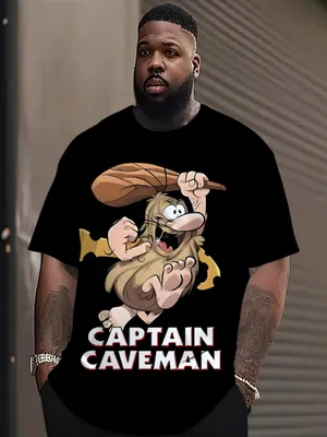 Produktbild von Men'S Plus Size Print T-Shirt, Plus Size Men'S Print Short Sleeve, Men'S Plus Size Funny Caveman Captain Retro Cartoon T-Shirt - Black Round Neck Short Sleeve, 3XL