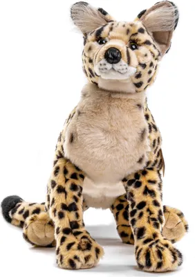 A plush toy cheetah sitting on a white background.