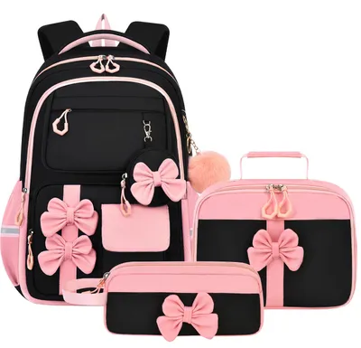 Produktbild von 3-teiliges Schulranzen Set, großer Rucksack, Laptopfach, Lunchbox Tasche, Schulrucksack für Kinder Mädchen Jungen, Schwarz Rosa
