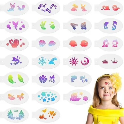 Productafbeelding van 24 stuks gezichtsverfsjablonen, herbruikbare tijdelijke tatoeagesjablonen voor kinderen, gezichtsschildersjablonen voor feest, Kerstmis, Halloween, carnaval, B