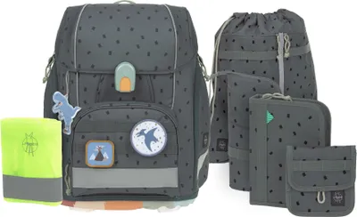 A collection of school supplies, including a backpack, a drawstring bag, a pencil case, and a small pouch, all with a speckle pattern.