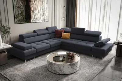 Produktbild von Ecksofa Galaxy MAX 276×276 cm mit Schlaffunktion, Verstellbare Kopfstützen und Bettkasten - Gemma 77, Dunkelblau - Links
