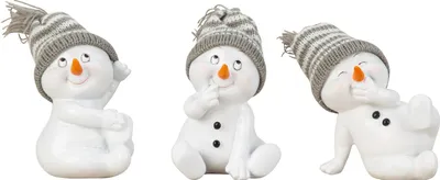 Three ceramic snowman figurines wearing knitted hats, posed in different playful positions.