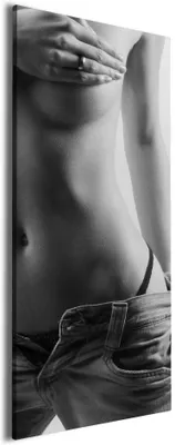 Produktbild von Wallario Premium Leinwandbild Halbnackte Frau mit Jeans in Größe 60 x 150 cm