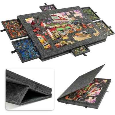 Image de Table de puzzle - Support inclinable pour puzzles de 1 000 pièces - Support et housse 2-en-1 - Surface en feutre - Rangement avec 6 tiroirs - Légère et portable - Gris