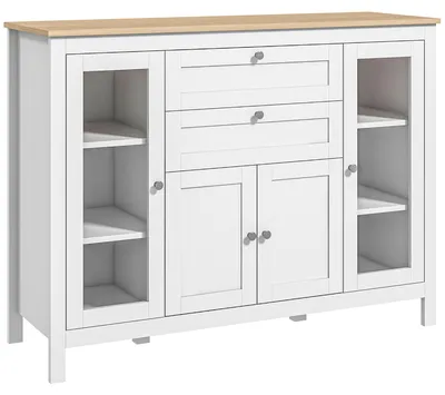 Immagine prodotto di Mobile Cucina Credenza 120x40x90 cm con 2 Cassetti e 3 Armadietti Ante in Vetro Bianco e Rovere