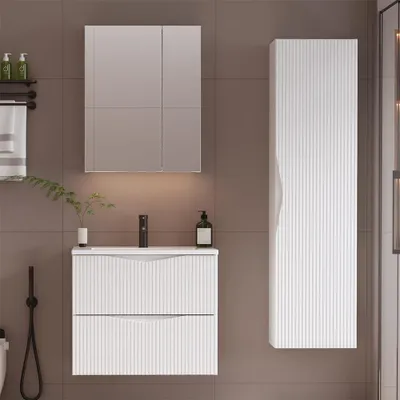 Produktbild von Badmöbel-Set 3-teilig mit 60 cm Waschtisch & Spiegelschrank in weiß mit gerillter Front - CALURI-140