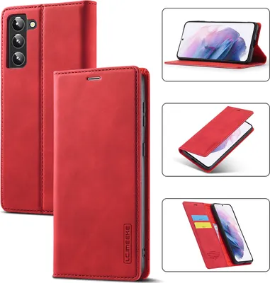 Image de Galaxy S22 5G Étui en cuir avec fonction support et porte-cartes, étui portefeuille pour Samsung Galaxy S22 5G rouge