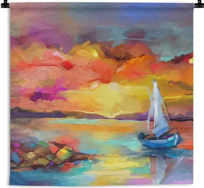 Produktbild von MuchoWow® Wandteppich Wandbehang Malerei - Ölfarbe - Boot - Farben 60x60 cm Tapisserie Dekoration Wandtuch - Dekorationen - Wand Decke